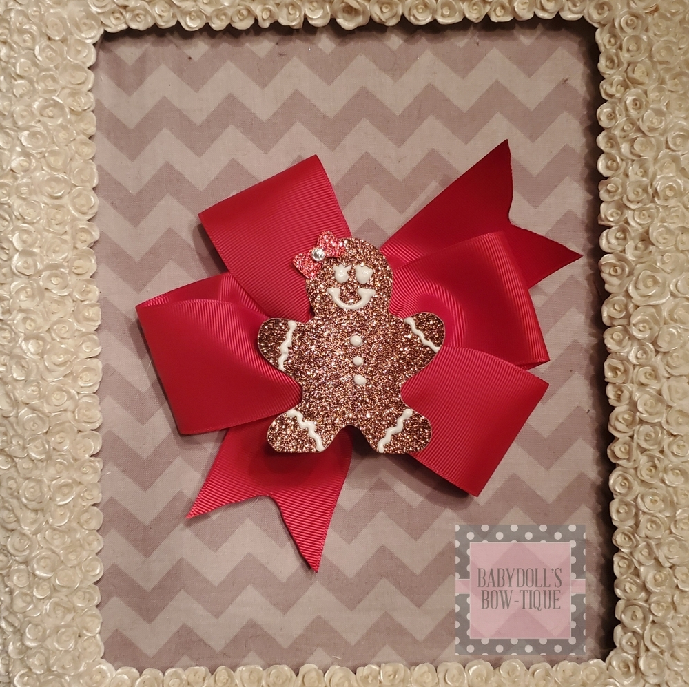 Glitter gingerbread girl on a 6-inch pinwheel bow